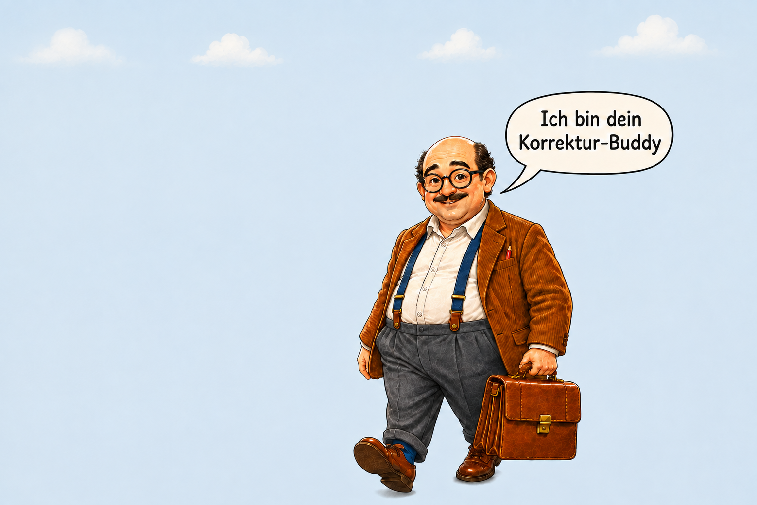 Korrektur-Buddy mit Sprechblase, Cordjackett, Hosentraegern, Rotstift und Aktentasche